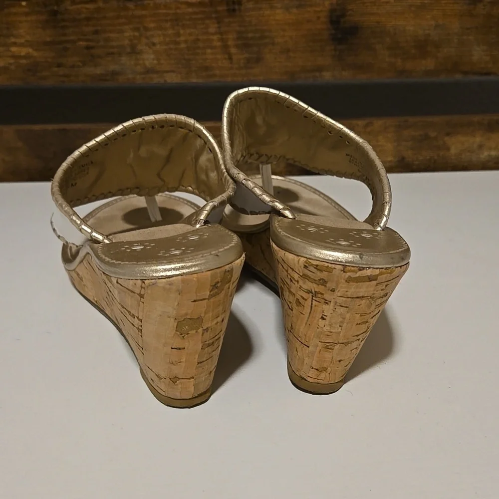 Jack Rogers Women's White and Gold Leather Upper Wedge Sandals Size 9.5